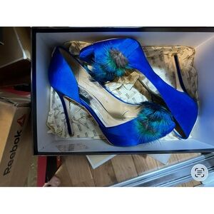 Badgley Mischka Royal Blue Heels with Feather Accent